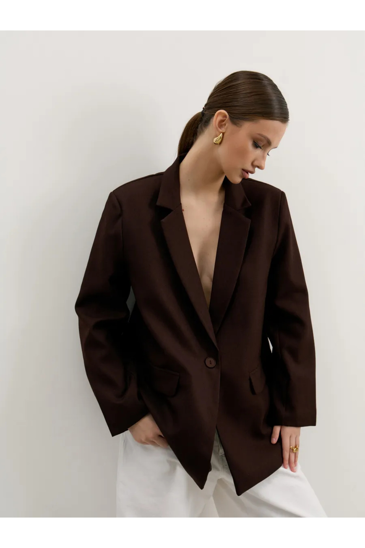 eybetsa  Kadın Düğme Detaylı Oversize Blazer Ceket - Görsel 3