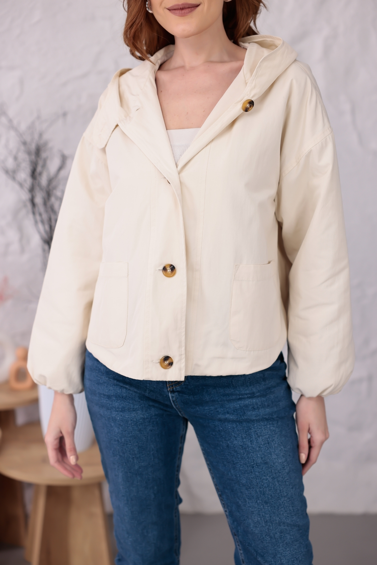 happinice Kapüşonlu Düğmeli Oversize Yağmurluk görsel 6