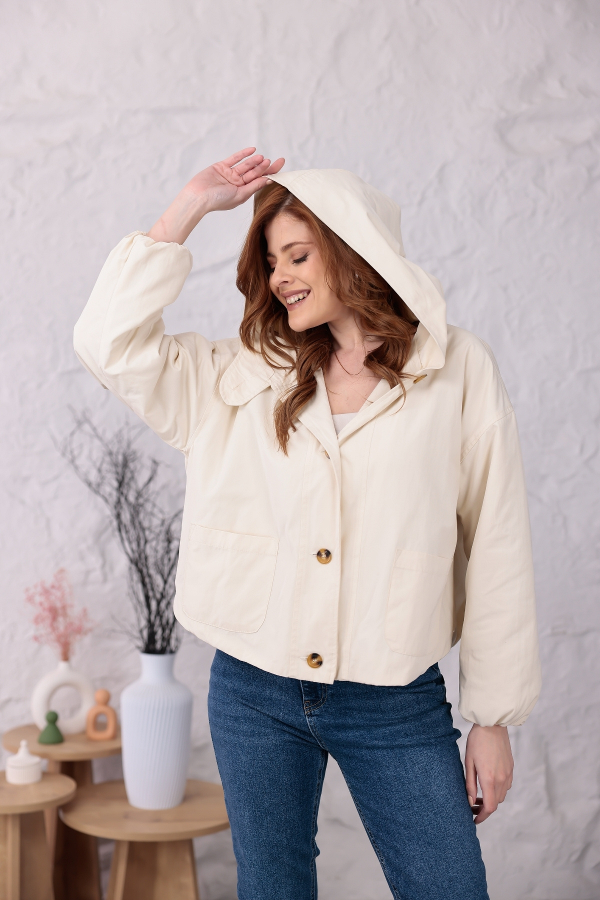 happinice Kapüşonlu Düğmeli Oversize Yağmurluk görsel 3