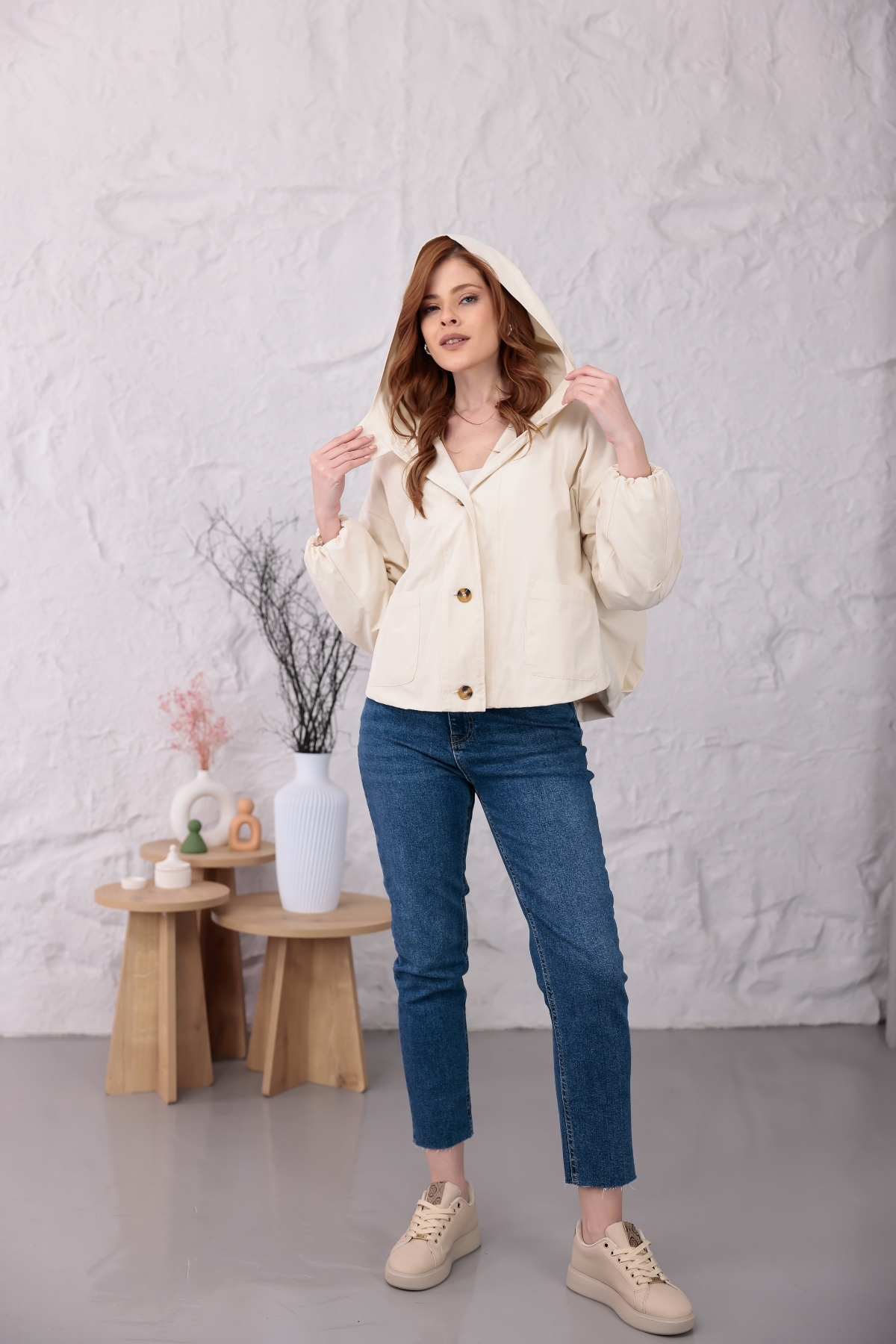 happinice Kapüşonlu Düğmeli Oversize Yağmurluk görsel 2