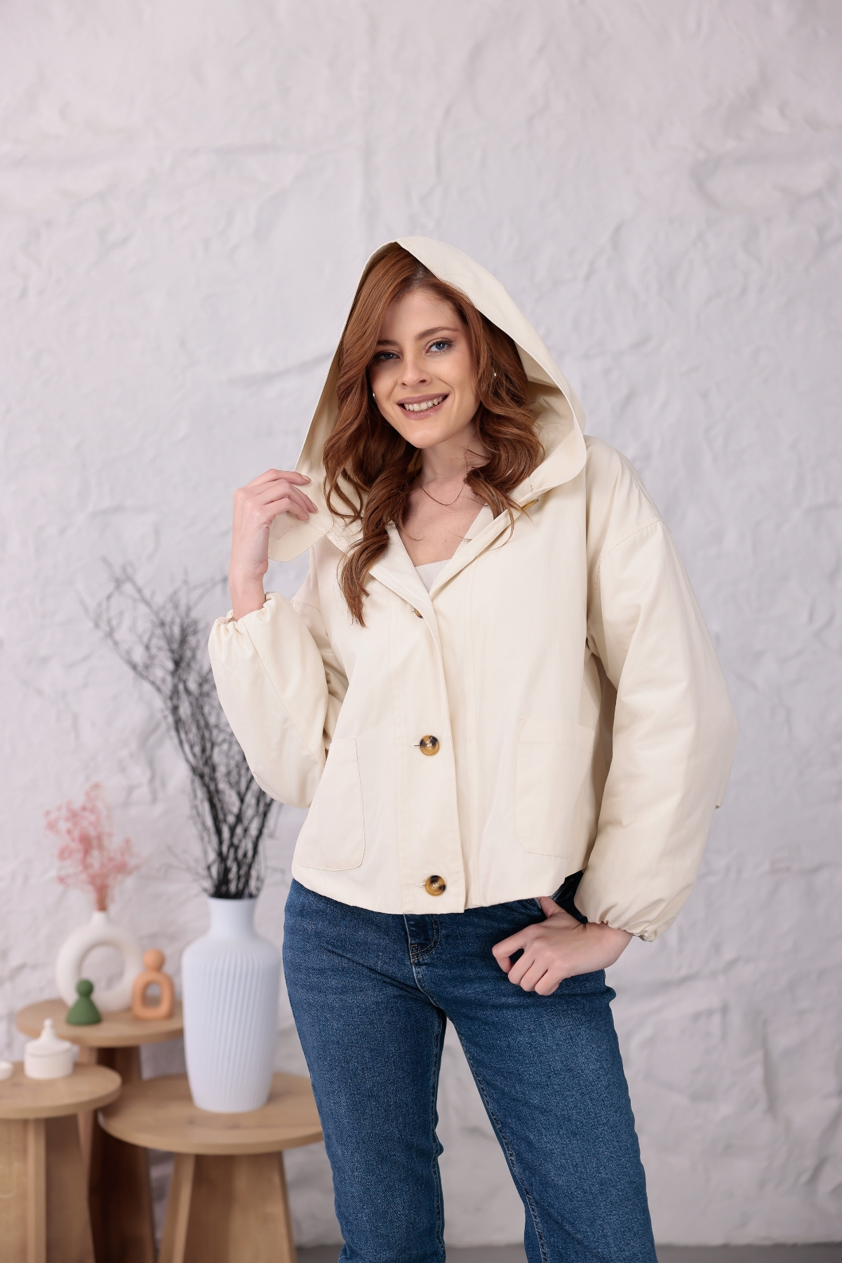 happinice Kapüşonlu Düğmeli Oversize Yağmurluk
