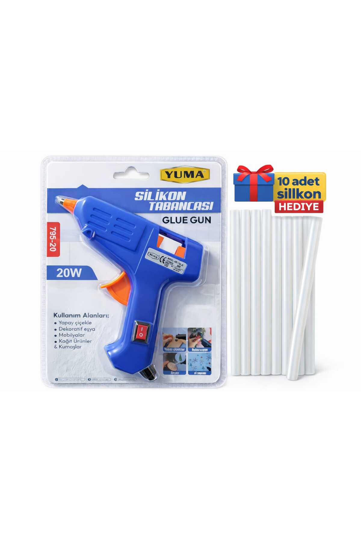 yuma tr yuma Anahtar Korumalı 20W Sıcak Silikon Tabancası +10 Adet 7mm Ince Mum Silikon 15 cm Hediyeli