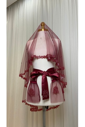 NEHİR AKSESUAR Bordo Gelin Duvak Seti, Cam Boncuk Ve İncili, Kına Gecesi Duva...