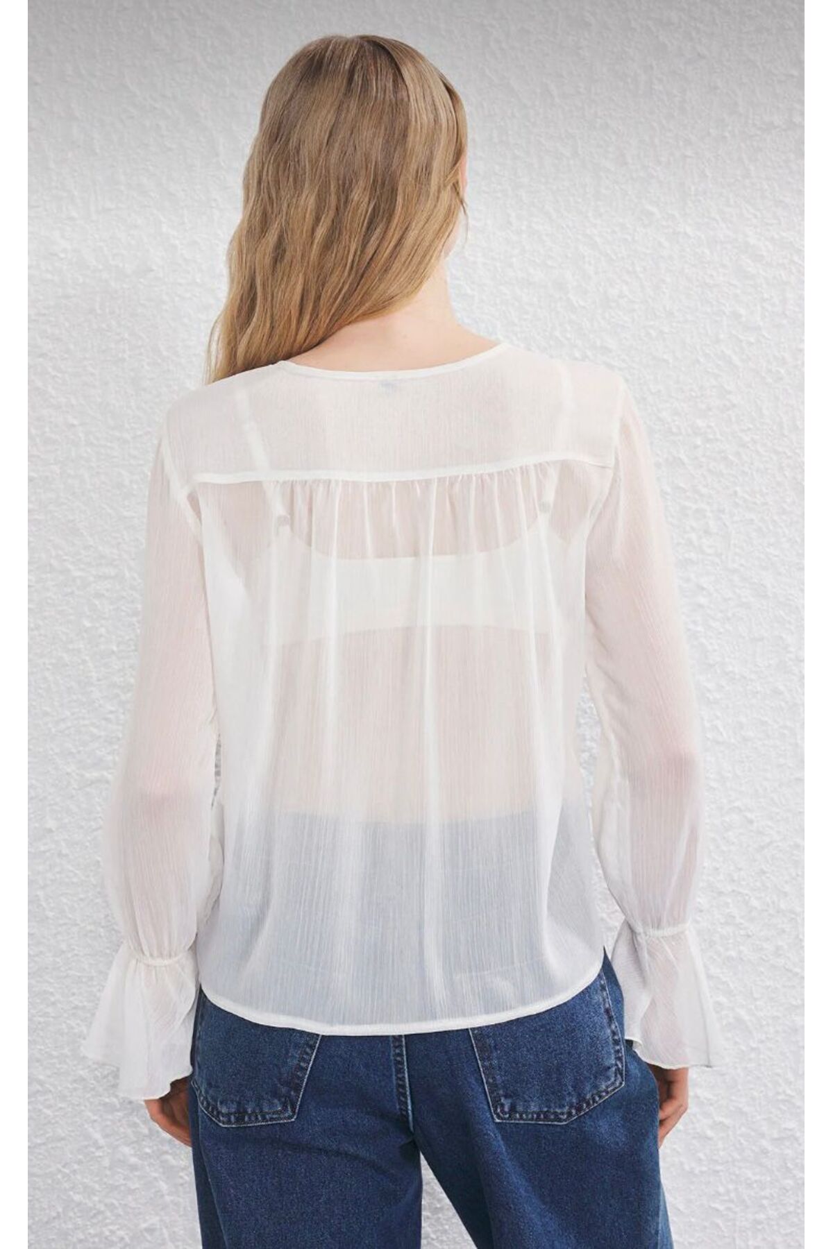 marvion  Kadın Beyaz Boho Fırfır Detaylı Şifon Lastik Detaylı Gömlek - Görsel 3