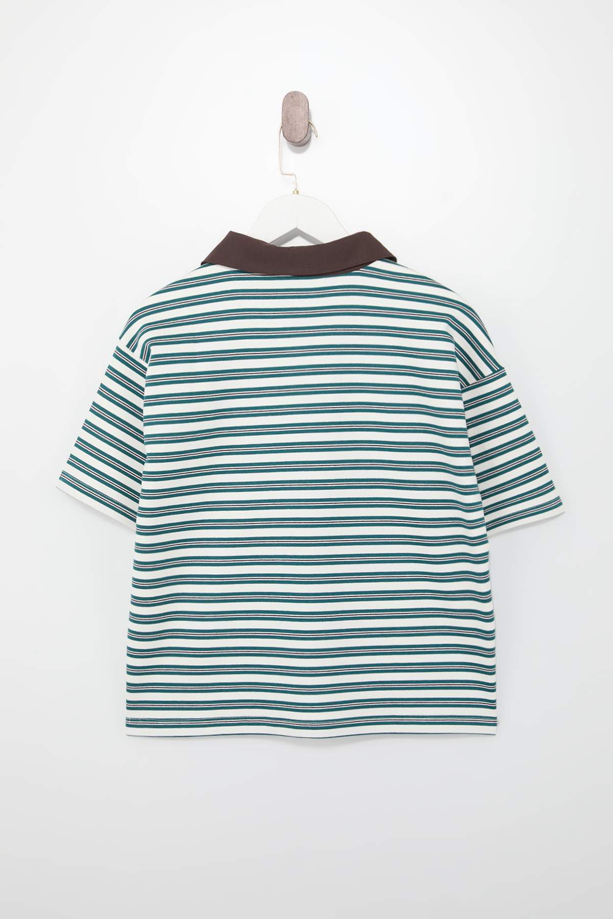 Trendyolmilla  Yeşil Çizgili Oversize Kalıp Polo Yaka Dokuma Detaylı Tok İnterlok Örme T-Shirt TWOSS26TS00030 - Görsel 11