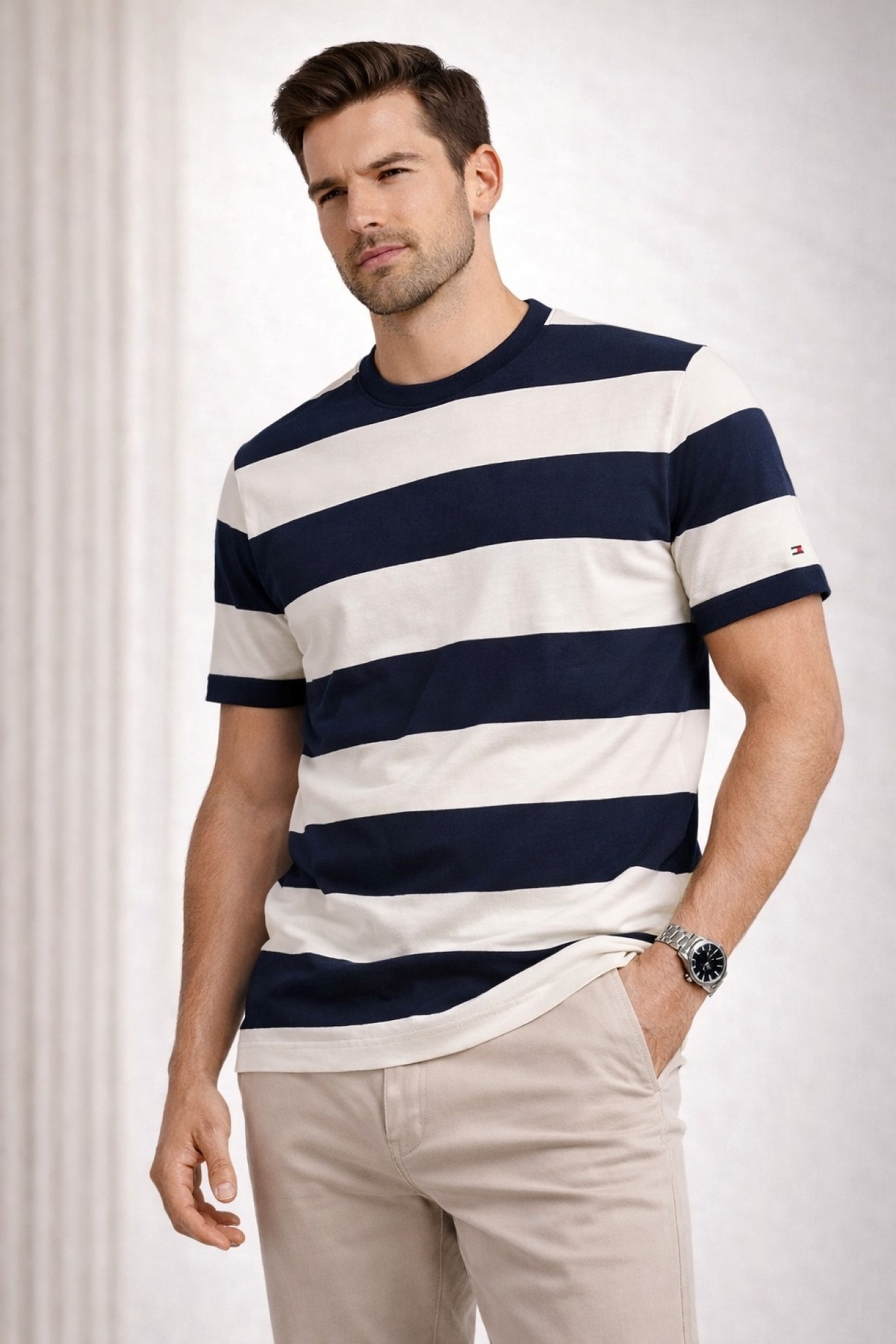 تامی هیلفیگر تی‌شرت مردانه راه راه نخی سایز معمولی