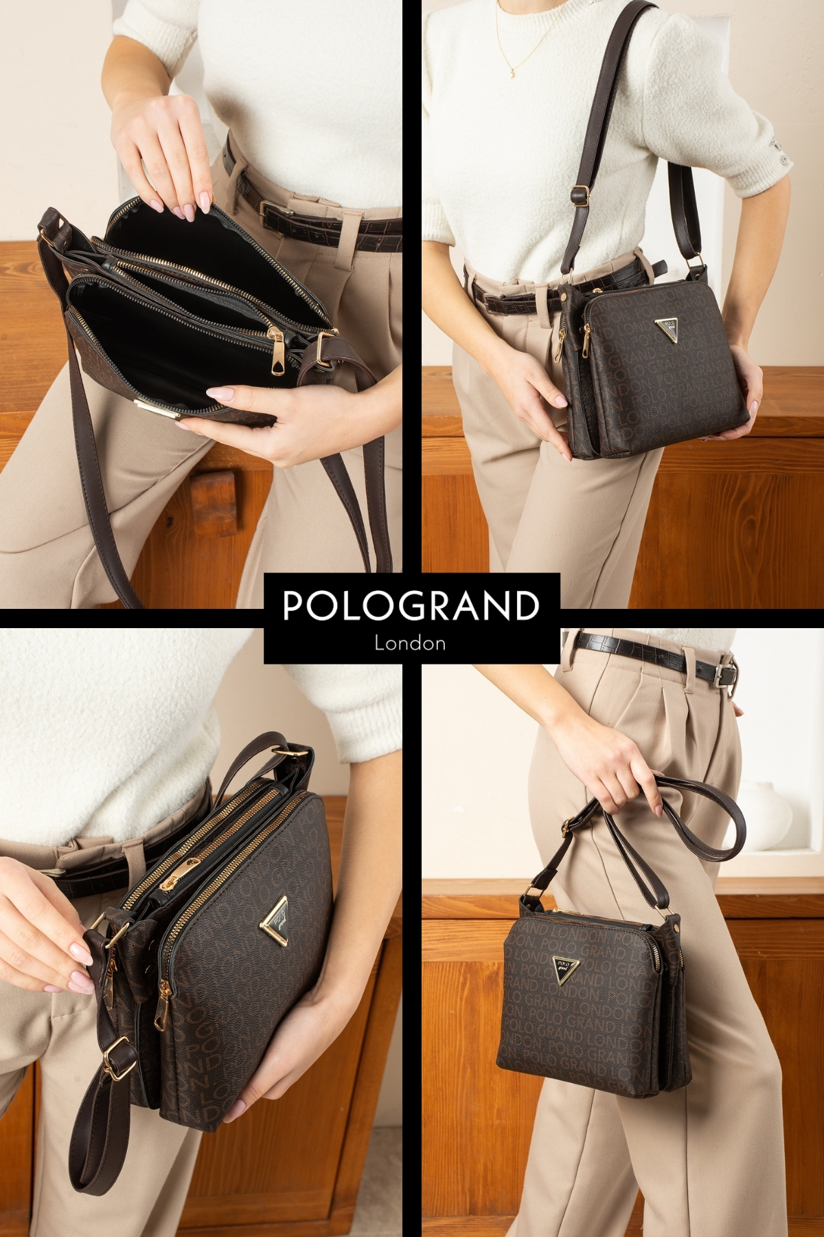 POLOGRAND London  Orijinal Kadın 3 Bölmeli Lüks Yumuşak Deri Özel Model Ayarlanabilir Çapraz Askılı Şık Omuz Çantası - Görsel 2