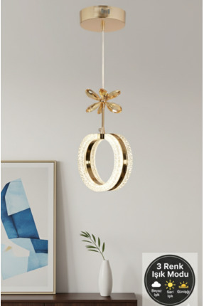 EY-EL TASARIM TEKLİ ALYANS GOLD 3 RENK MODLU KRİSTAL TAŞLI LEDLİ SARKIT AVİZE