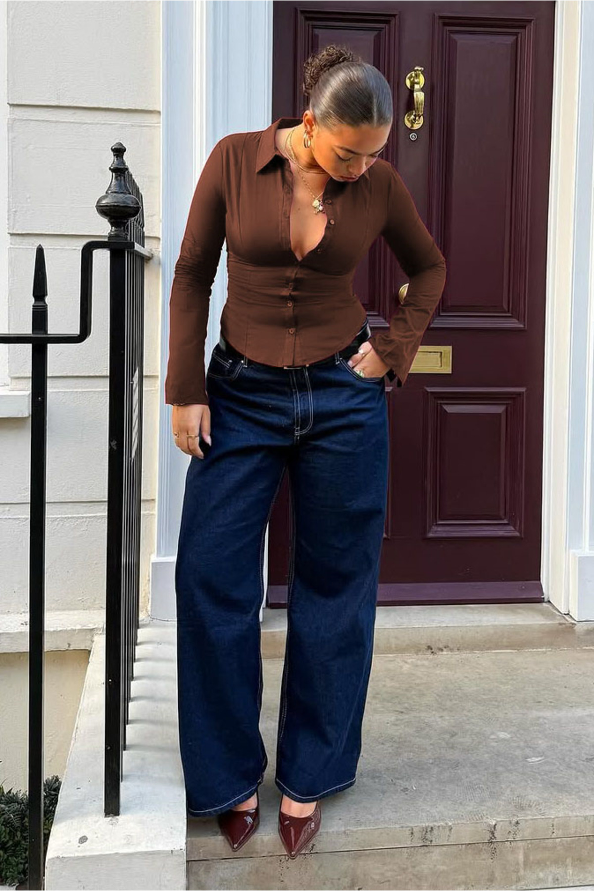 Seeh  Kahverengi Uzun Kollu Vücuda Oturan Gömlek SH356 - Görsel 5