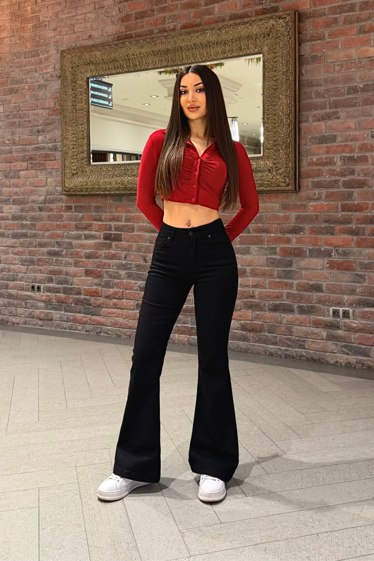 BİKELİFE  Kadın Yüksek Bel Likralı/Esnek İspanyol Paça Pantolon - Görsel 6