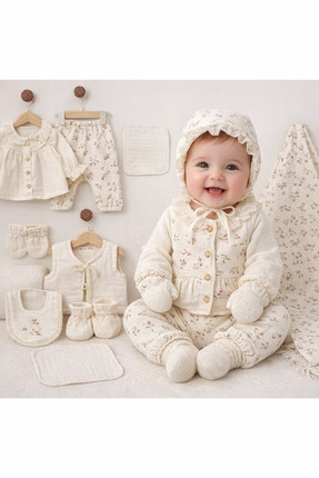 MİLAYS LİFE HOME COLLECTİON KIZ BEBEK MÜSLİN ÇİÇEK KABARTMALI SET 0-3 AY