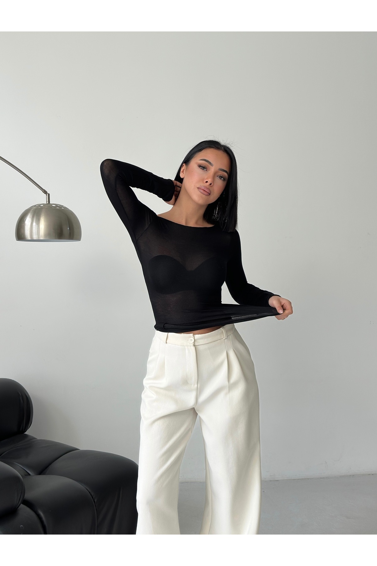 luna miratto collection  Kadın Transparan Kayık Yaka Siyah Bluz Modal Kaşmir Ultra Hafif Yumuşak Bluz - Görsel 3