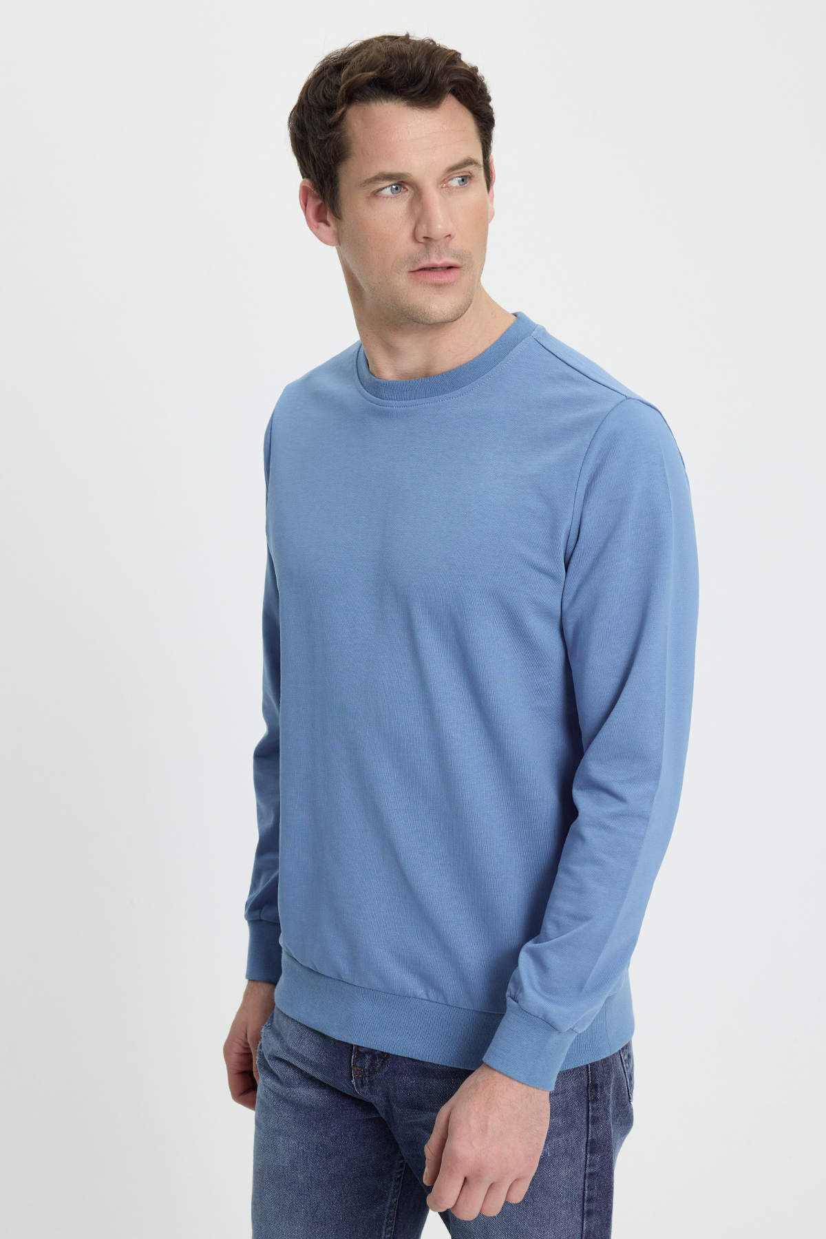 Tudors  Erkek Relax Fit Rahat Kesim %100 Pamuk 2 İplik Bisiklet Yaka Mavi Sweatshirt - Görsel 6