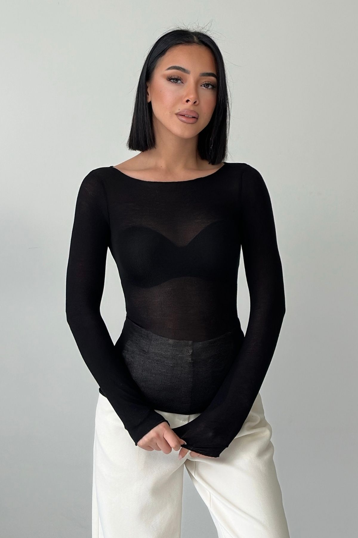 luna miratto collection  Kadın Transparan Kayık Yaka Siyah Bluz Modal Kaşmir Ultra Hafif Yumuşak Bluz