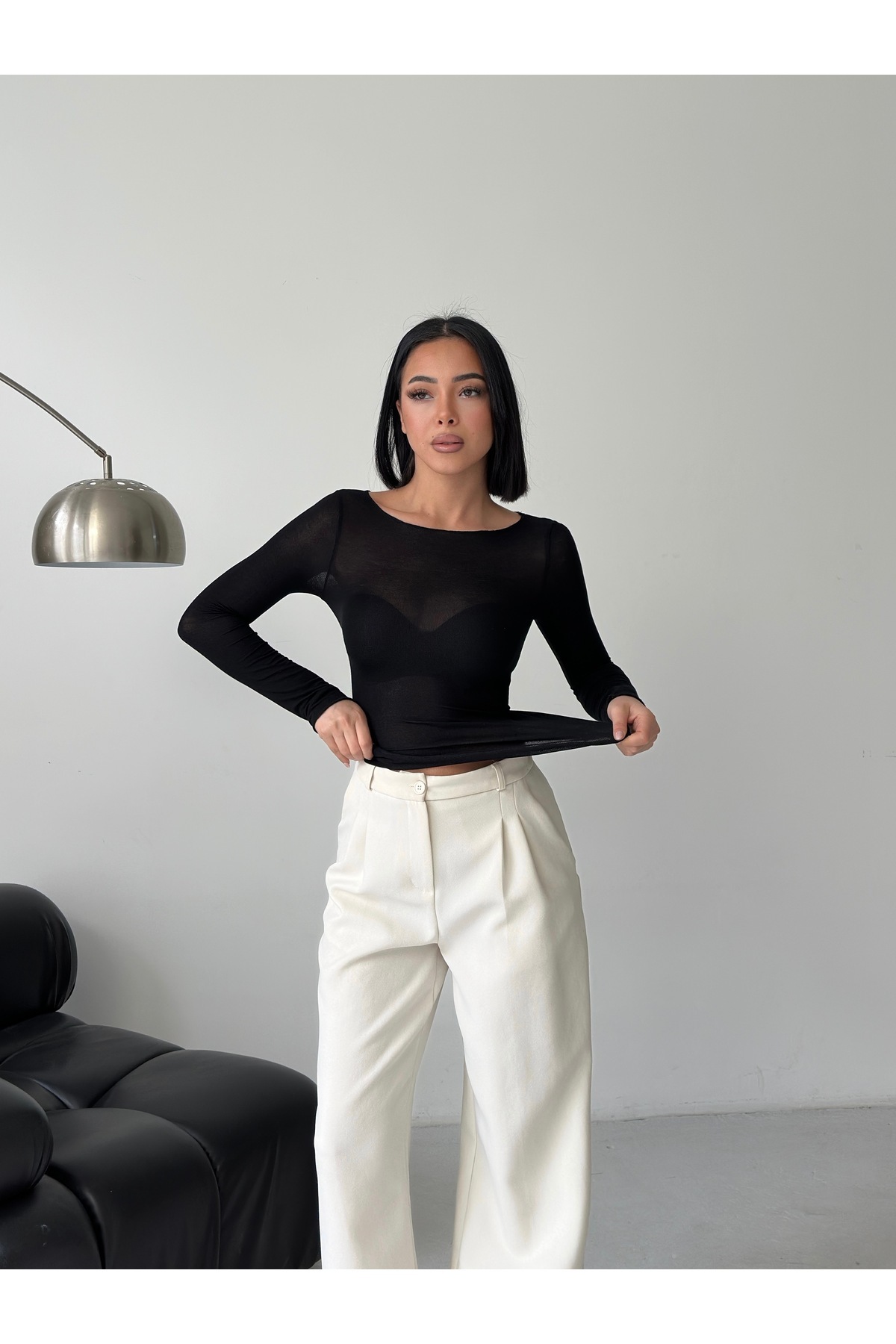 luna miratto collection  Kadın Transparan Kayık Yaka Siyah Bluz Modal Kaşmir Ultra Hafif Yumuşak Bluz - Görsel 8