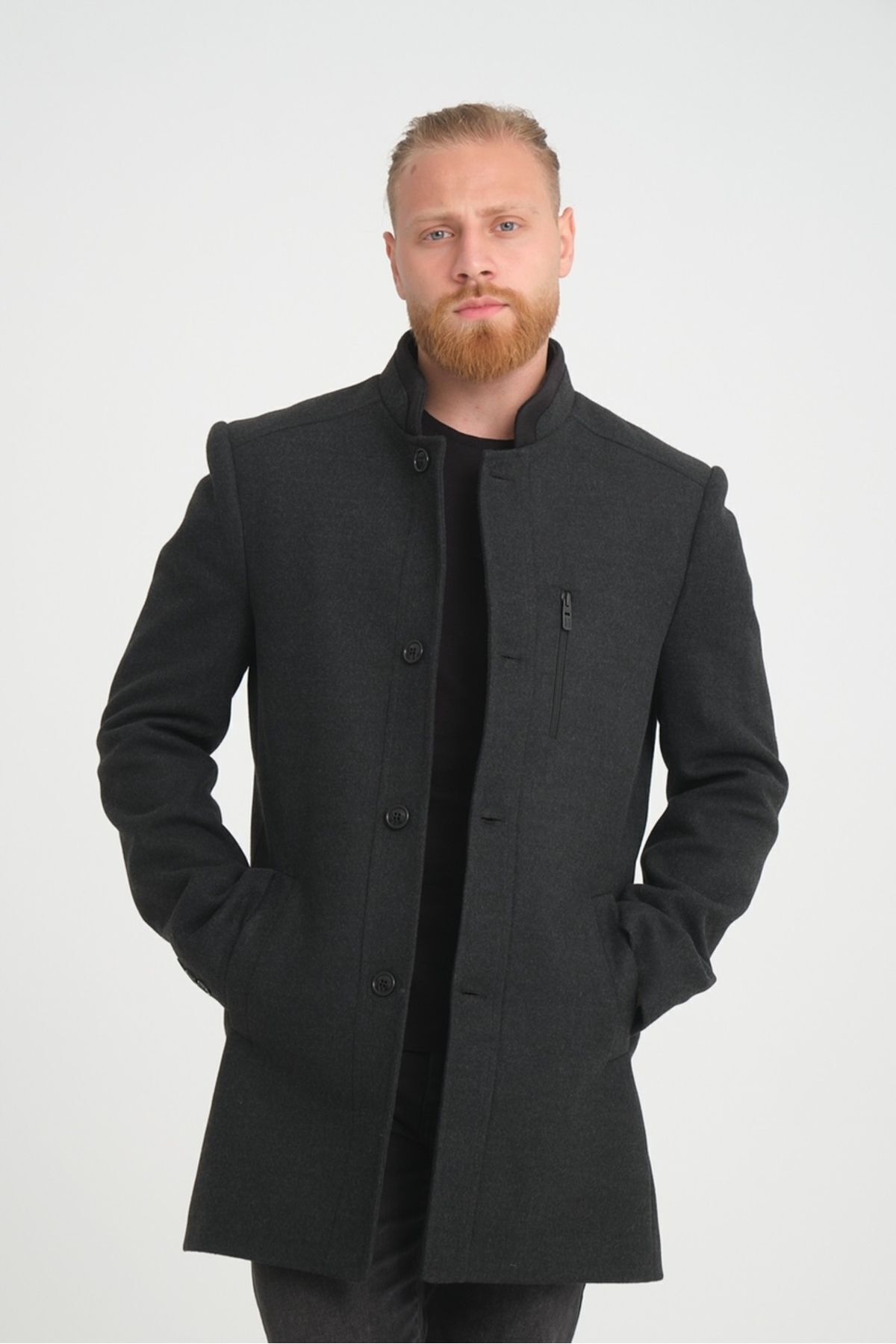Wise  Erkek Antrasit Dik Yaka Kaşe Kaban