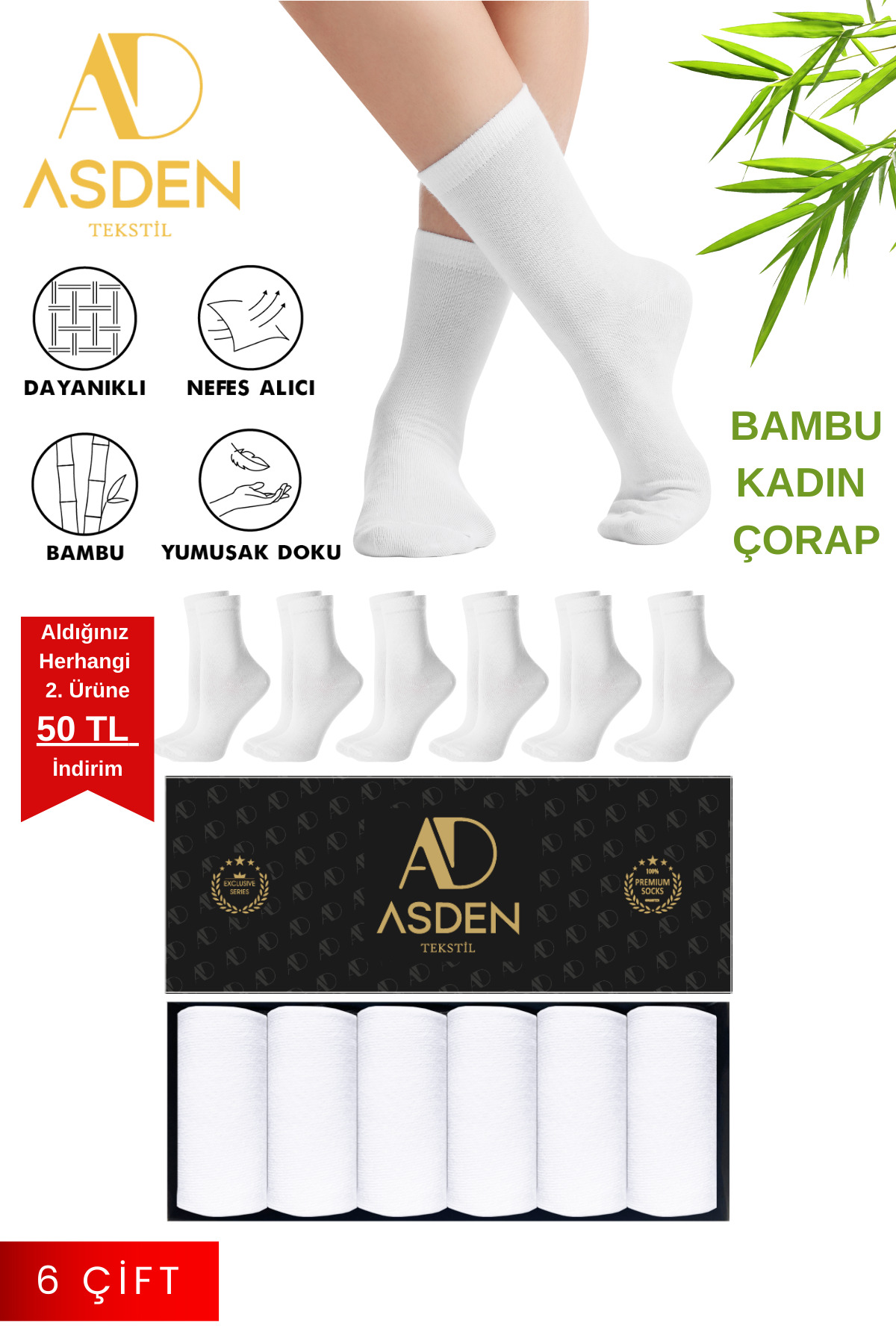 Bamboo Women's Socket Socks White Premium 6-Pack, Seamless Nose, Soft Wash