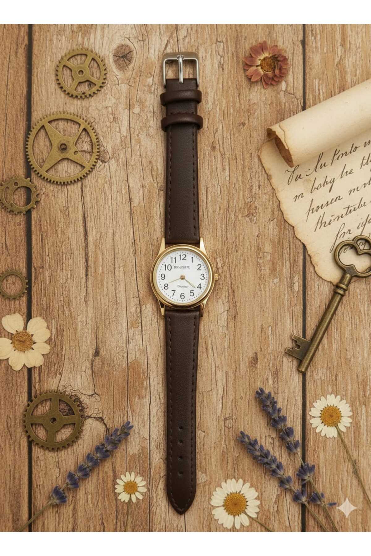 QUARTZ  Vintage Kadın Kol Saati Retro Minimal Model Koyu Kahve Renk Hakiki Deri Kordon Gold Kasa - Görsel 2