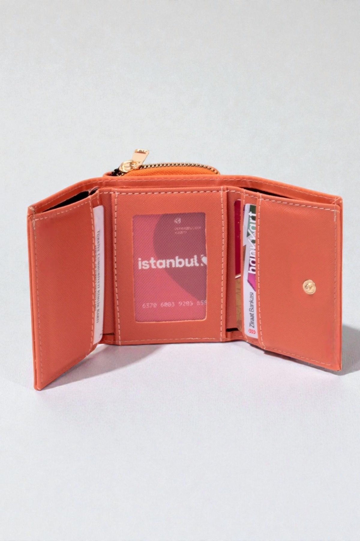 dericom  Kadın Fermuarlı Ve Çıtçıtlı Bozuk Para Bölmeli Şık Turuncu Cüzdan Kartlık Aksesuar - Görsel 4