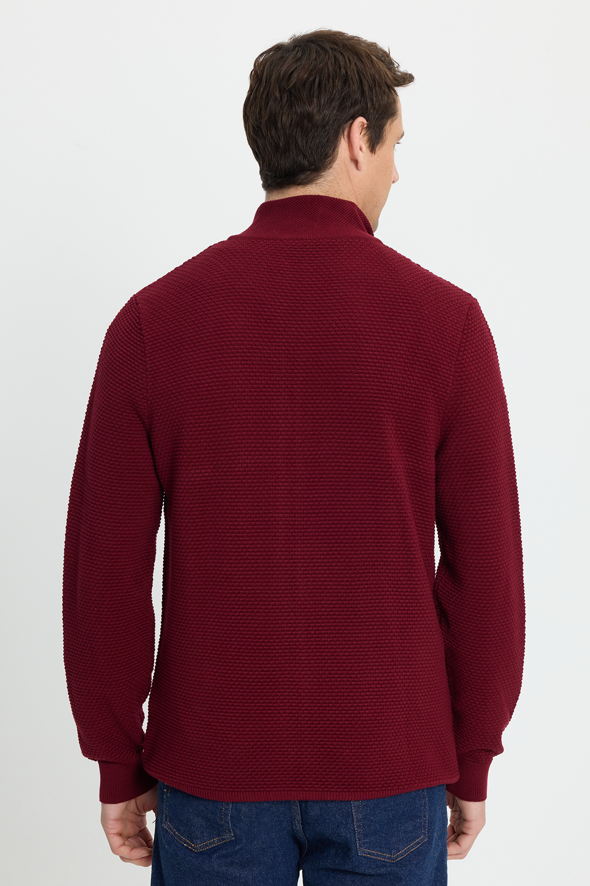 Tudors  Erkek Standart Fit Normal Kesim Desenli Yarım Balıkçı Yaka Fermuarlı Bordo Hırka - Görsel 6