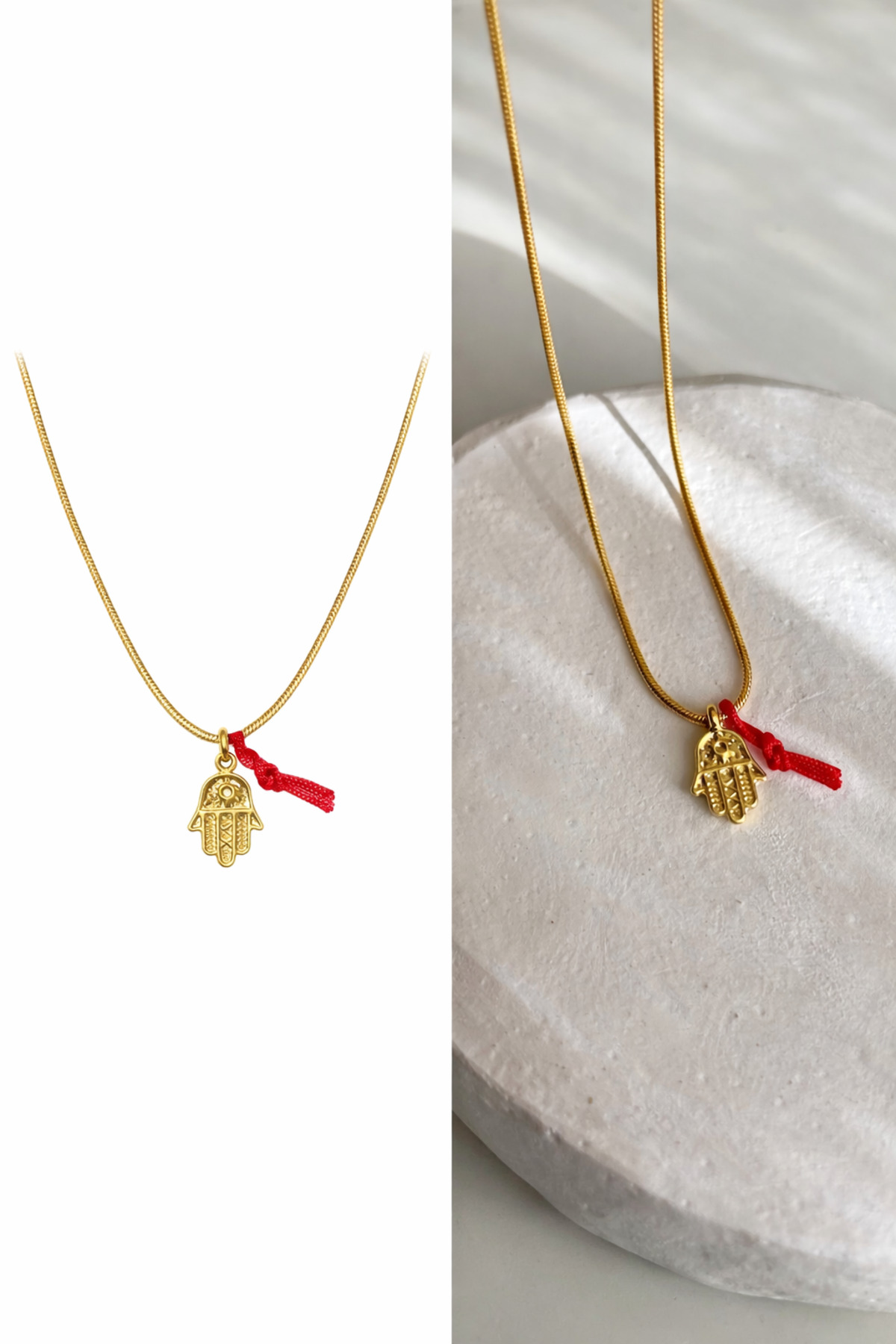 Hamsa ve Kırmızı Kurdele Altın Kaplama Çelik Charm Kolye – Sevgililer Günü Özel - Detay Görseli 1