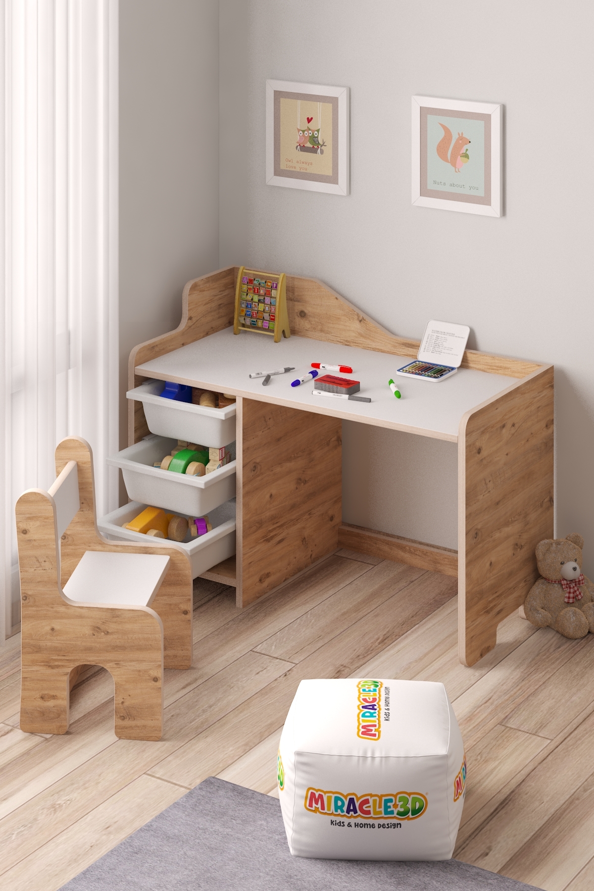 MİRACLE 3D Çocuk Oyun Aktivite Masası 90x45 Cm 3 Sepetli Çocuk Çalışma Masası Sırt Dayamalı Sandalye fotoğrafı 3 (önizleme)