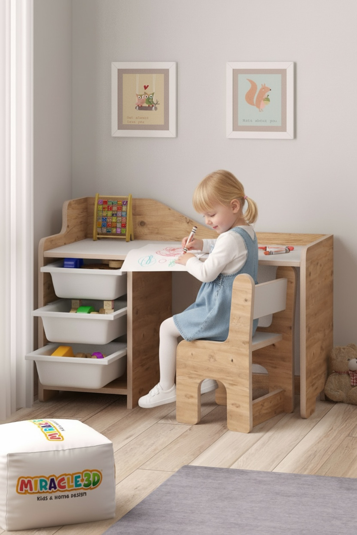 MİRACLE 3D Çocuk Oyun Aktivite Masası 90x45 Cm 3 Sepetli Çocuk Çalışma Masası Sırt Dayamalı Sandalye fotoğrafı 2 (önizleme)