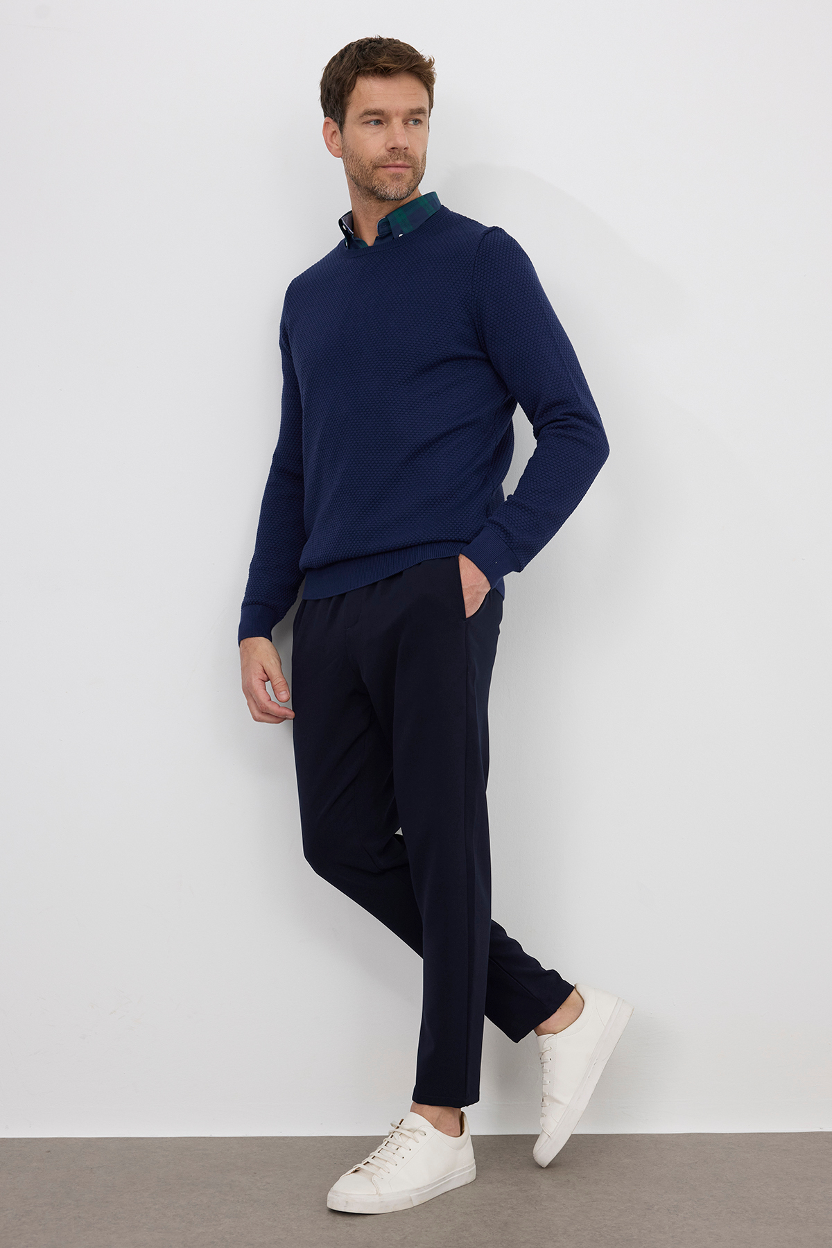 Tudors  Erkek Standart Fit Normal Kesim Bisiklet Yaka Petek Desenli Lacivert Triko Kazak - Görsel 6