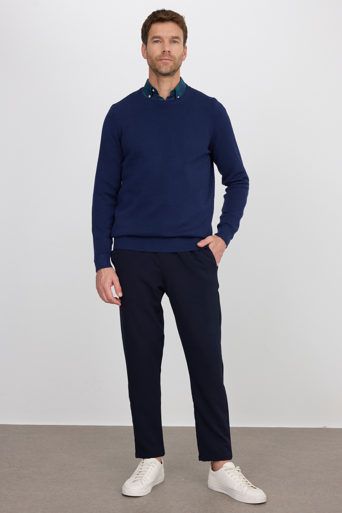 Tudors  Erkek Standart Fit Normal Kesim Bisiklet Yaka Petek Desenli Lacivert Triko Kazak - Görsel 5