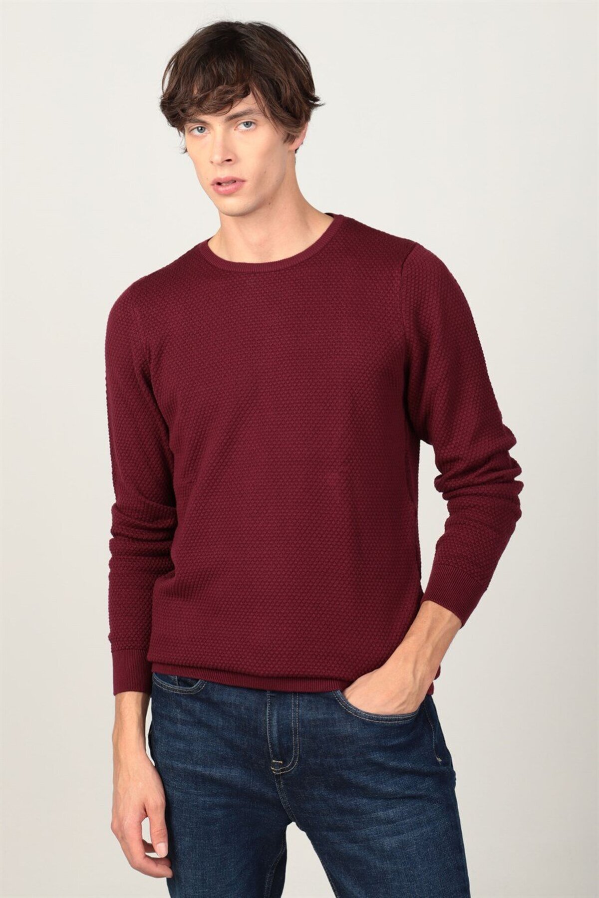 Men's Slim Fit Slim Fit Crew Neck Honeycomb Patterned Claret Red Knitwear Sweater