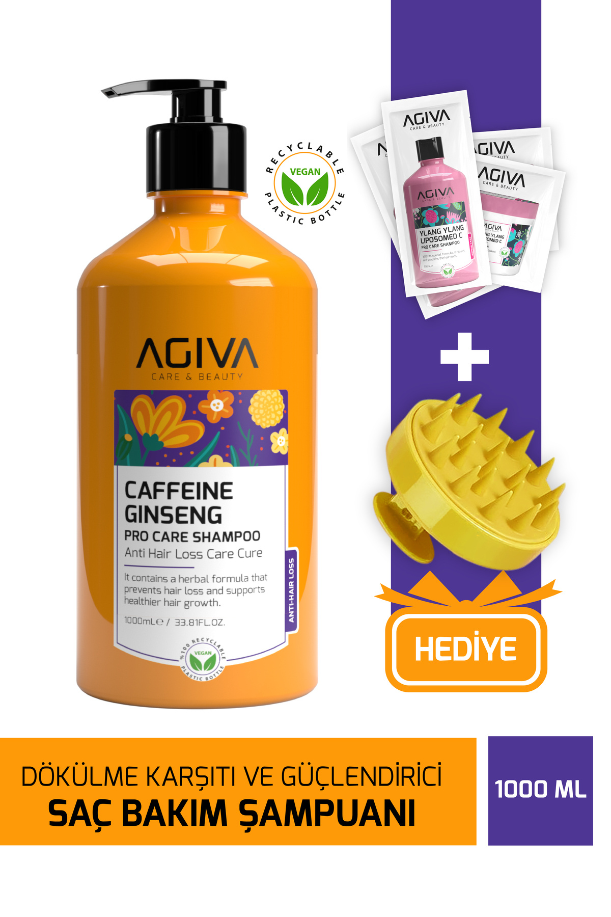 agiva care& beauty Caffeine Ginseng Zayıf ve Güçsüz Saçlar İçin Dökülme Karşıtı Saç Bakım Şampuanı 1000 ml - Vegan