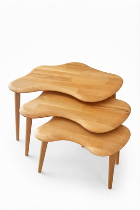 BAUPOR Doğal Ahşap Masif 3'lü Zigon Sehpa , Modern Asimetrik Iskandinav Sehpa...