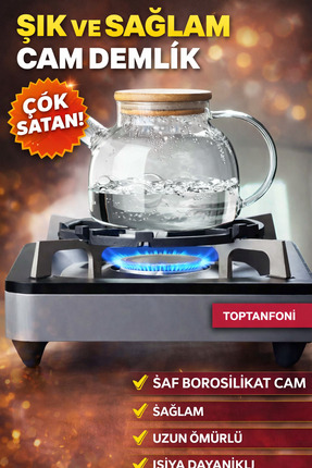 TOPTANFONİ Bambu Kapaklı Cam Bitki Çayı Demliği – 1000 ml Isıya Dayanıklı Sürahi