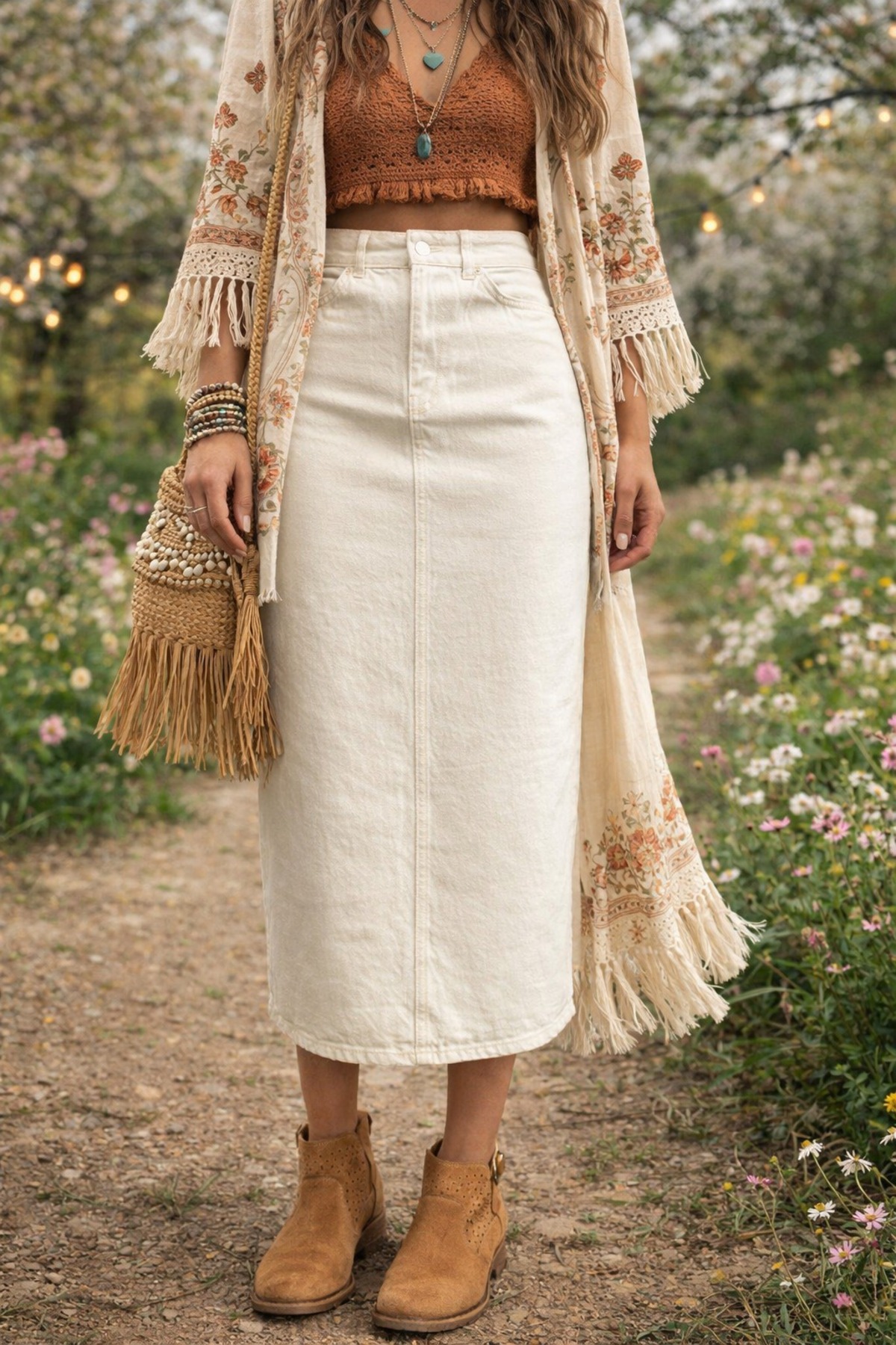 Dema  Ekru Yüksek Bel Bilek Boy Denim Etek – Tesettüre Uygun, Düz Kesim, Günlük & Şık Kadın Denim Etek