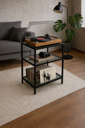 Trendmiz VELMARK Modern Tarz 3 Katlı füme Cam Sehpa – Siyah Metal Gövdeli Yan...