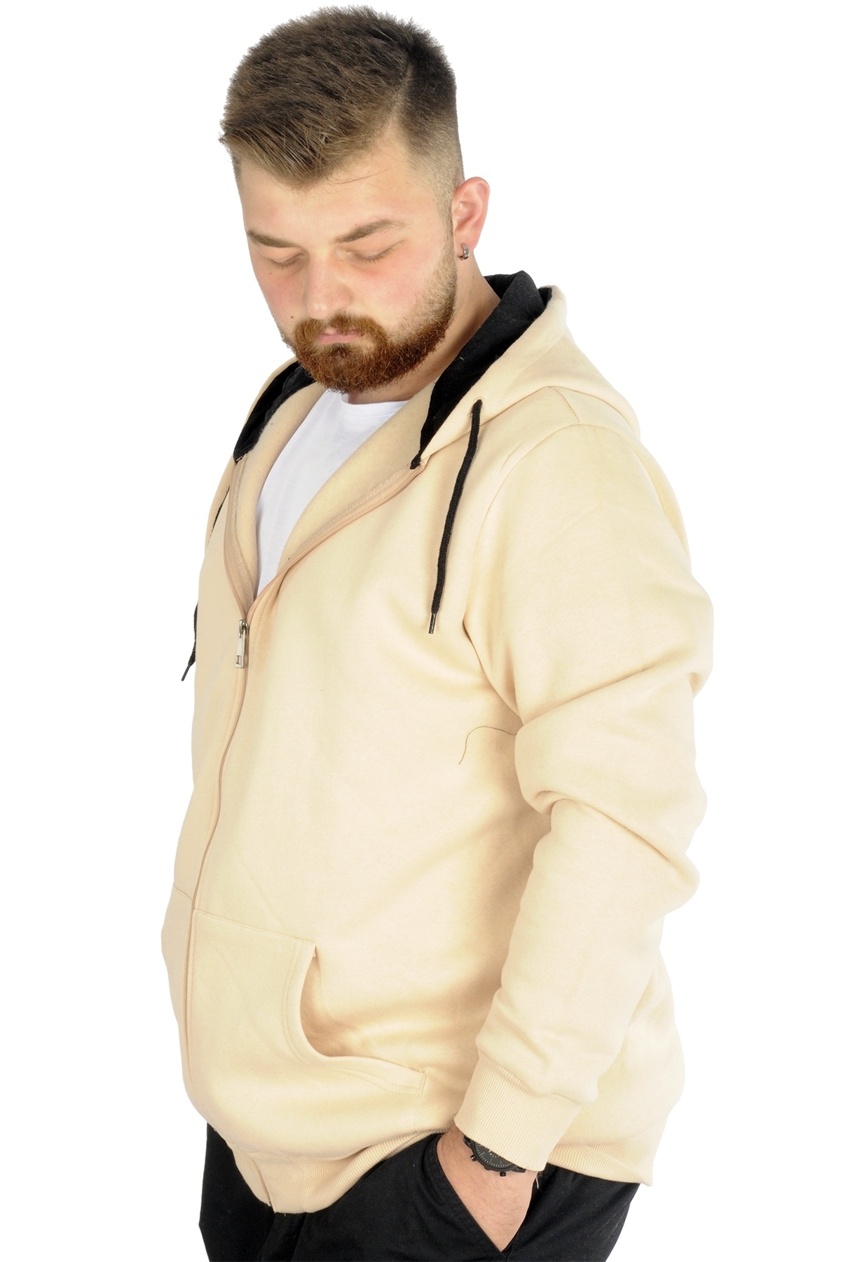 ModeXL Mode XL Erkek Sweatshirt Kapşonlu Zippered Basic 20543 Bej görsel 5