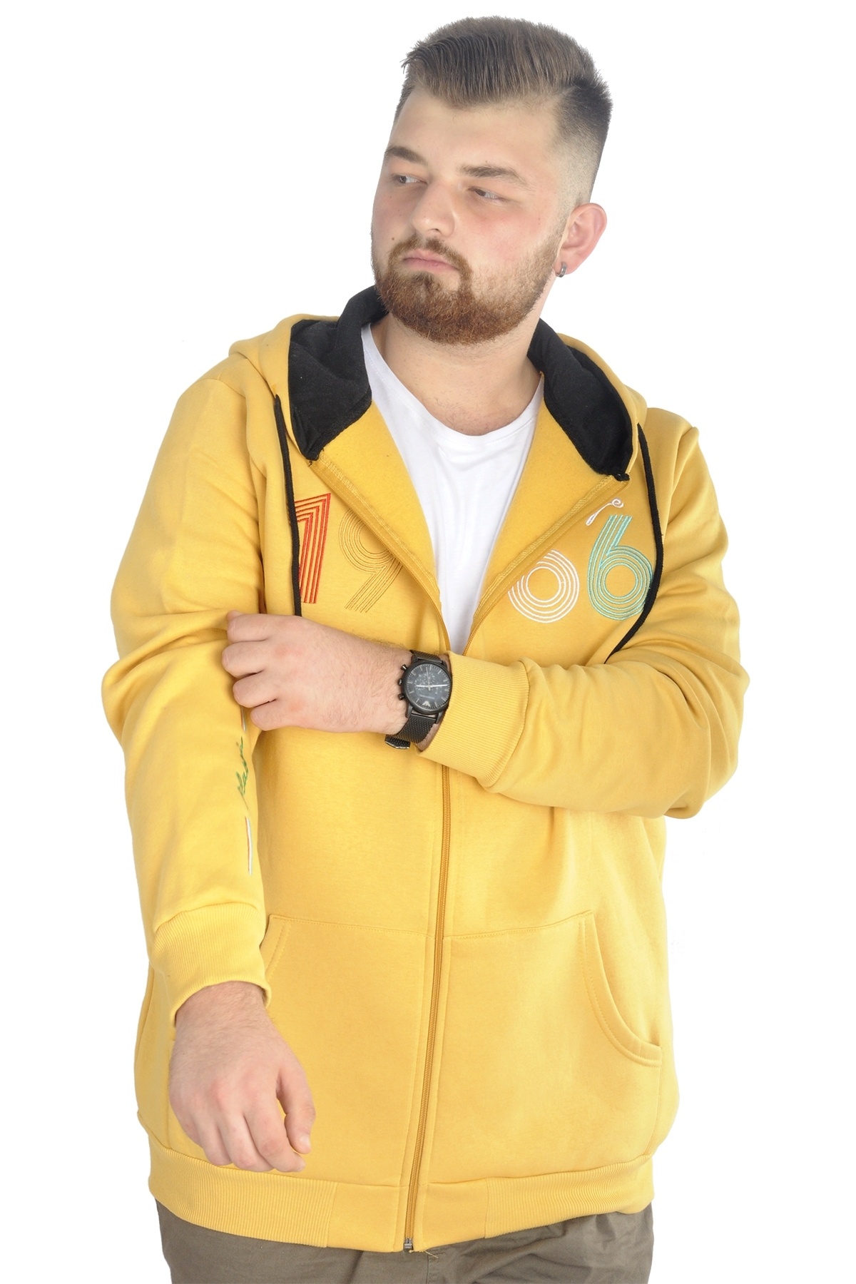 ModeXL Mode XL Erkek Sweat Kapşonlu Fermuarlı Vintage 22537 Hardal