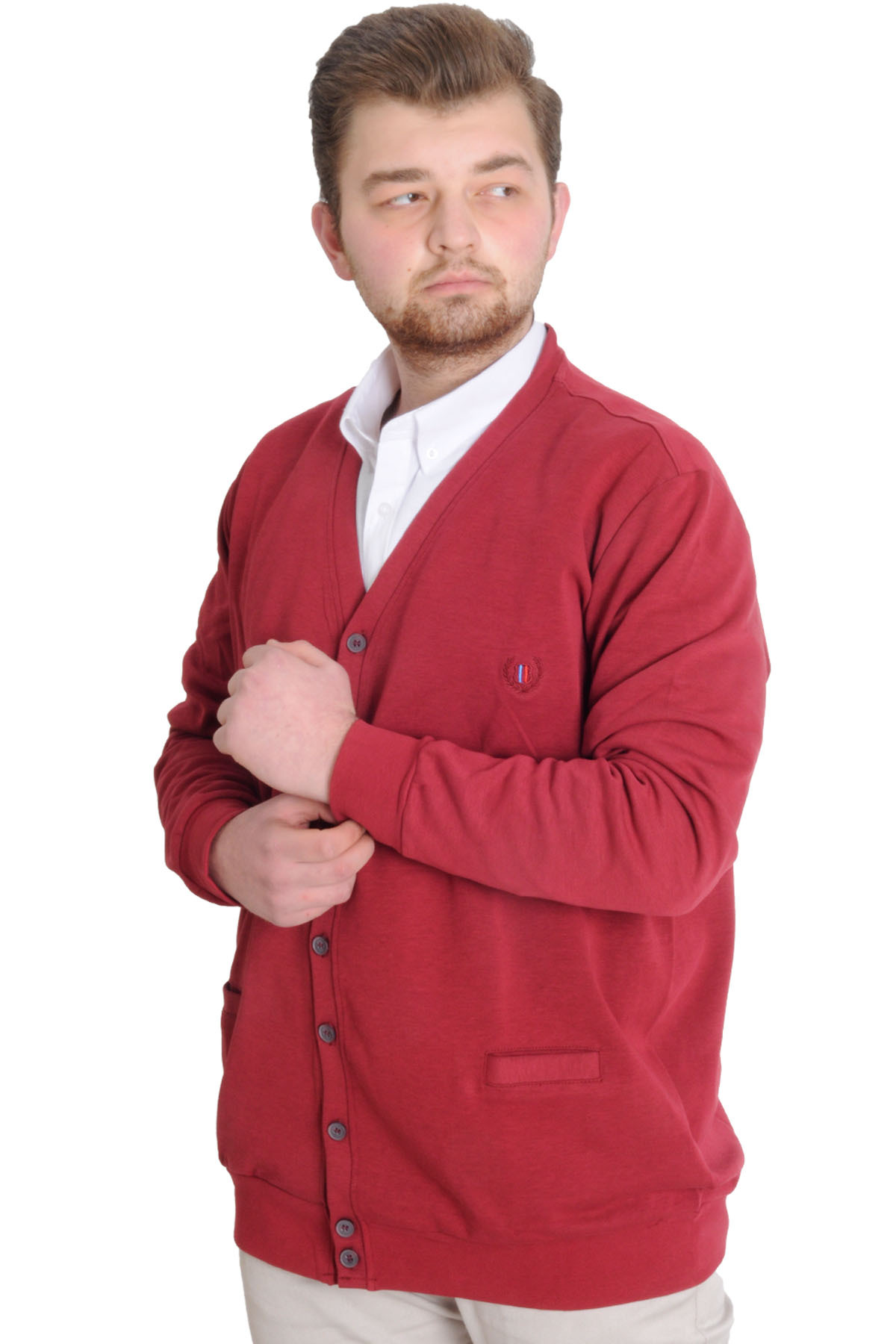 ModeXL Mode XL Büyük Beden Erkek Hırka Düğmeli DOUBLE FACE 20551 Bordo görsel 3