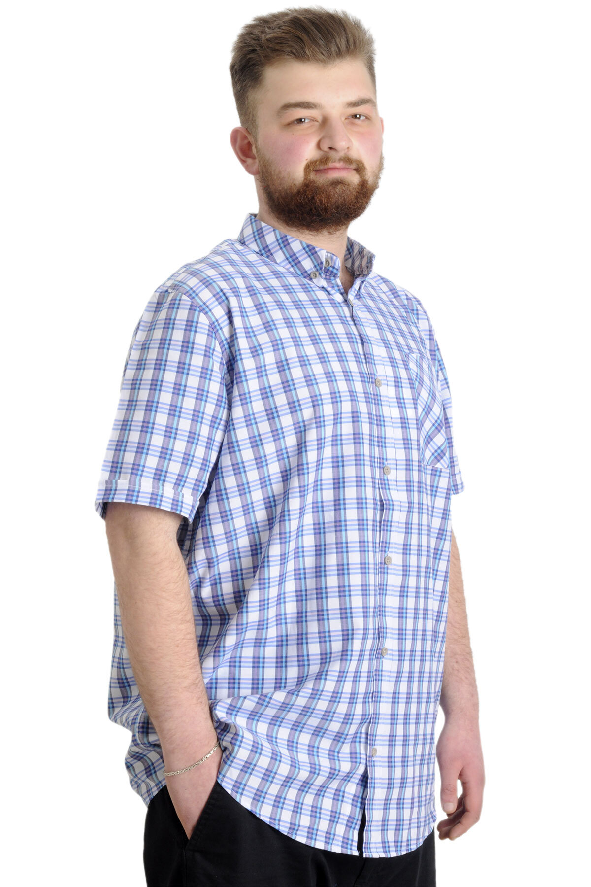 ModeXL Mode XL Büyük Beden Erkek Gömlek Ekose Kısa Kollu 23301 Mor görsel 3