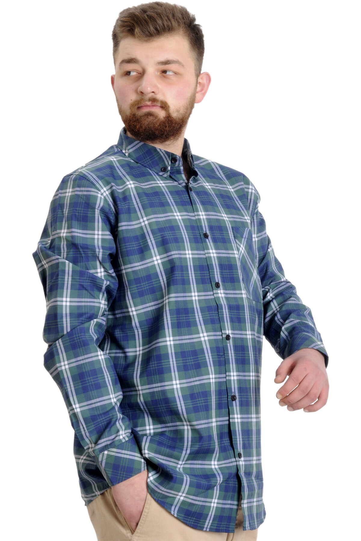 ModeXL Mode XL Büyük Beden Erkek Gömlek Ekose Uzun Kollu 23300 Koyu Yeşil görsel 2