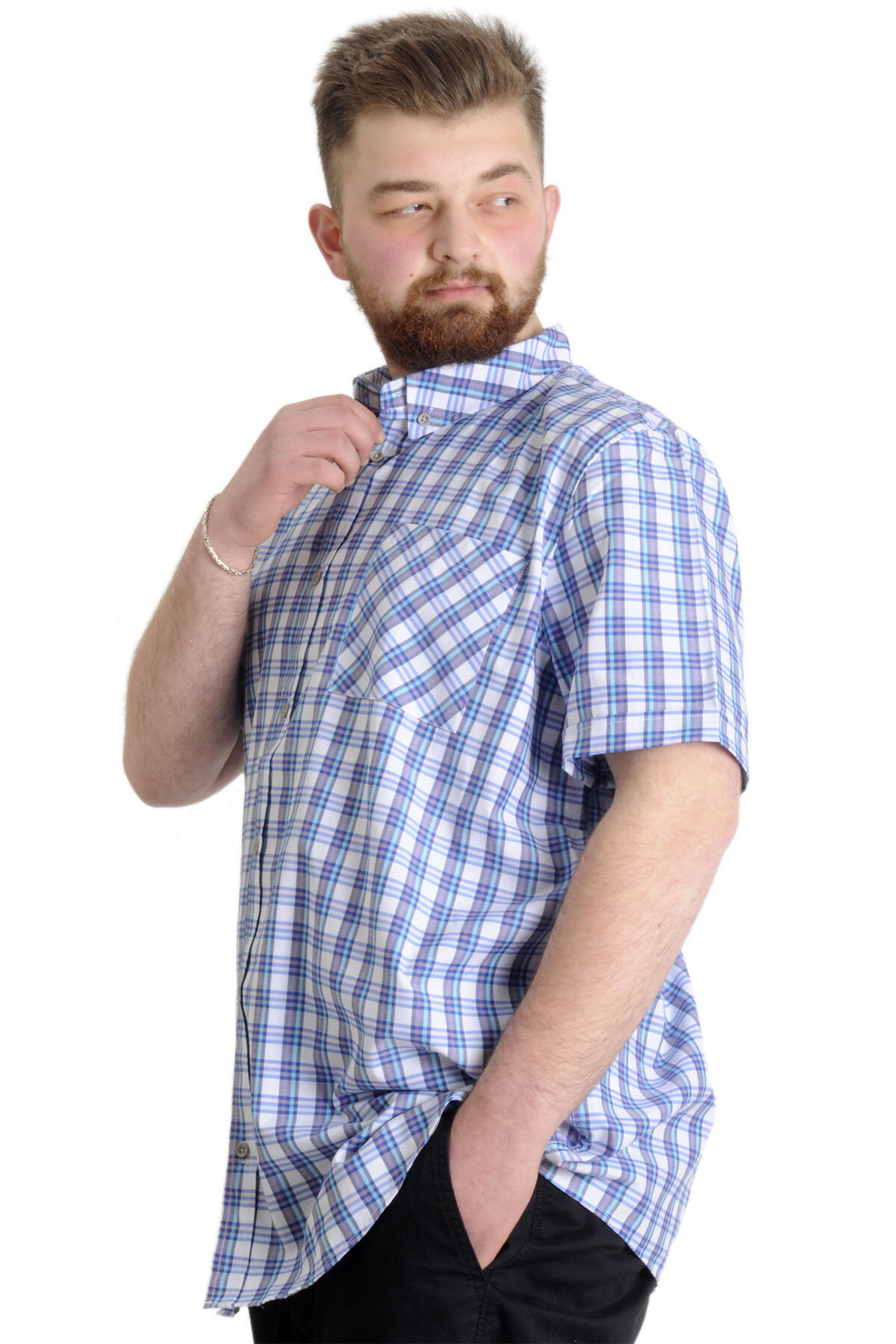 ModeXL Mode XL Büyük Beden Erkek Gömlek Ekose Kısa Kollu 23301 Mor görsel 2