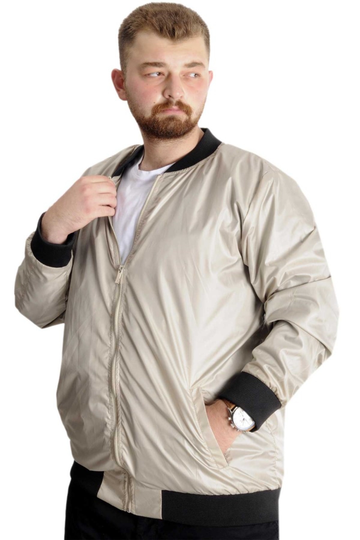 ModeXL Mode XL Büyük Beden Erkek YAZLIK INCE Kolej Mont Fermuarlı Jesica 22612 Bej görsel 2