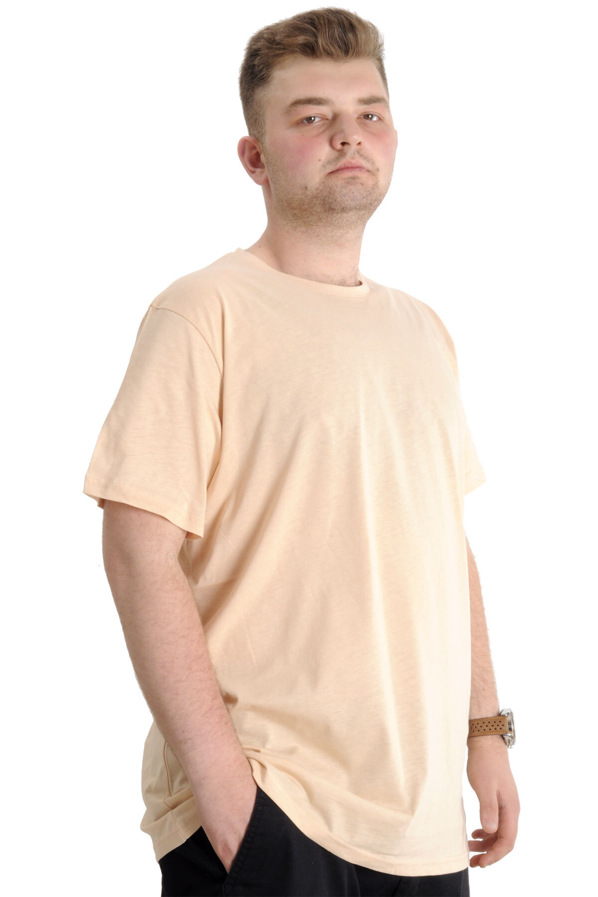 ModeXL Mode XL Büyük Beden Unisex Tshirt Bisiklet Yaka Basic 20031 Bej görsel 3