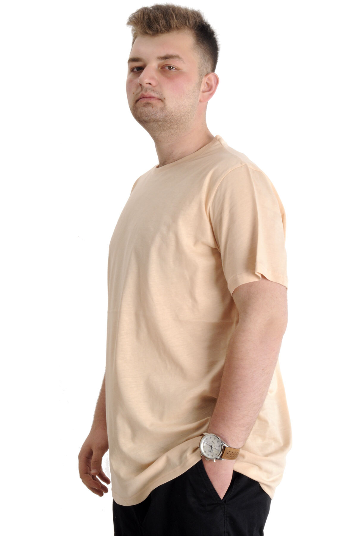 ModeXL Mode XL Büyük Beden Unisex Tshirt Bisiklet Yaka Basic 20031 Bej görsel 2