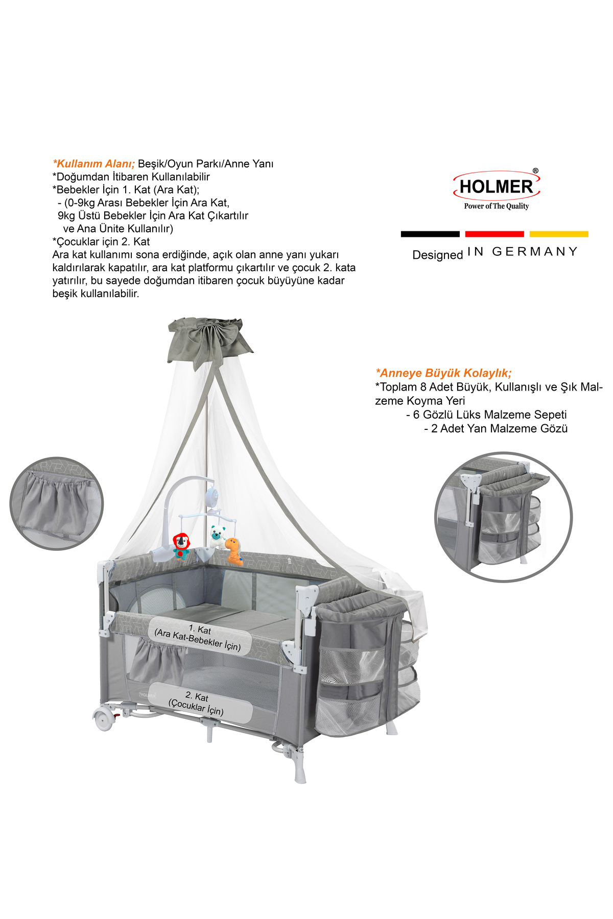 Holmer YATAK HEDİYELİ ( Alt Değiştirme Aparatı, Cibinlik, Dönenceli Oyun Parkı/Park Yatak/Beşik ) fotoğrafı 5 (önizleme)