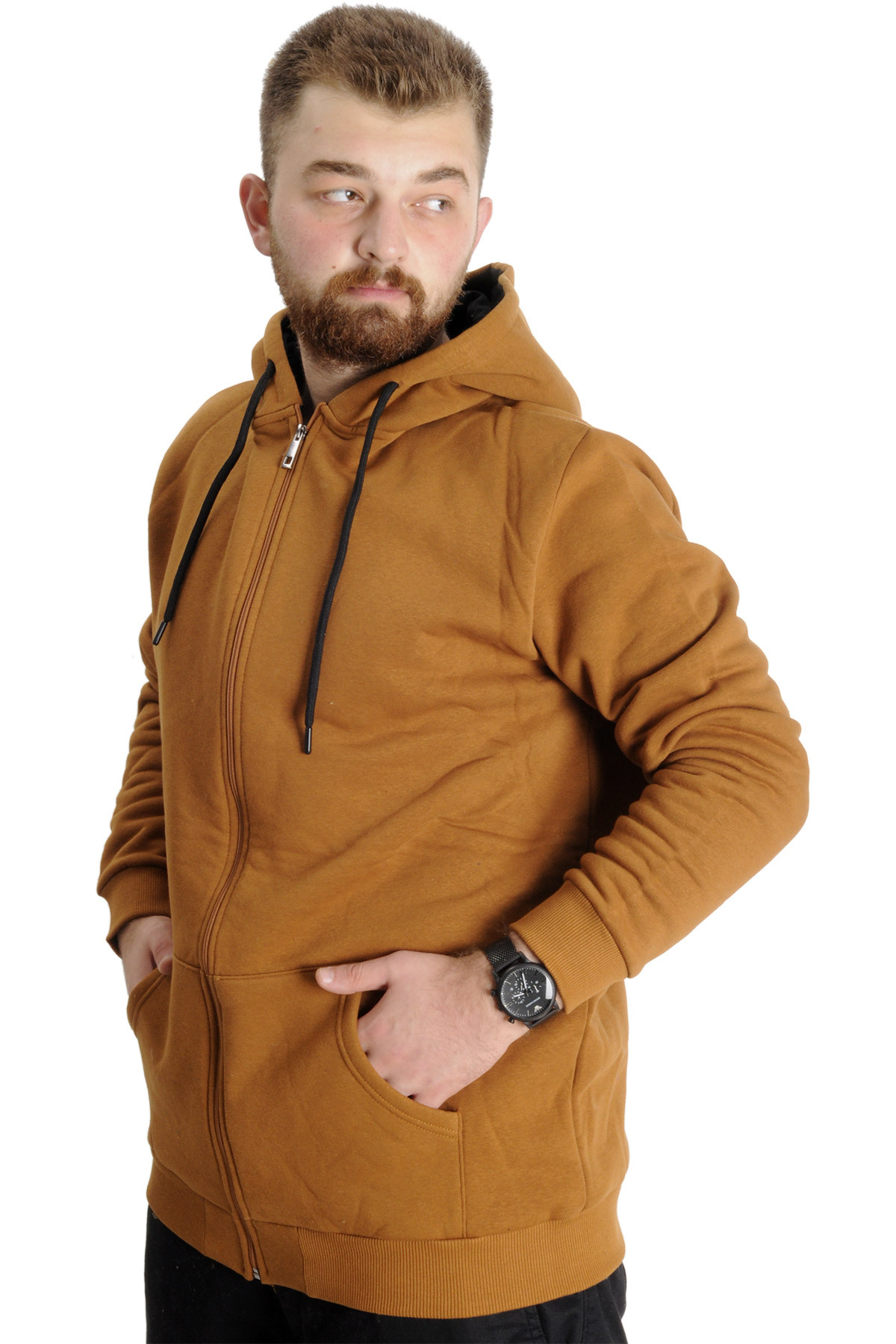 ModeXL Mode XL Büyük Beden Erkek Sweat Kapşon Cep Zippered Basic 20543 Camel görsel 2
