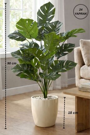 BİÇİÇEK Yapay Çiçek Salon Bitkisi Monstera Deve Tabanı Kırıkbeyaz Renk Yalı S...