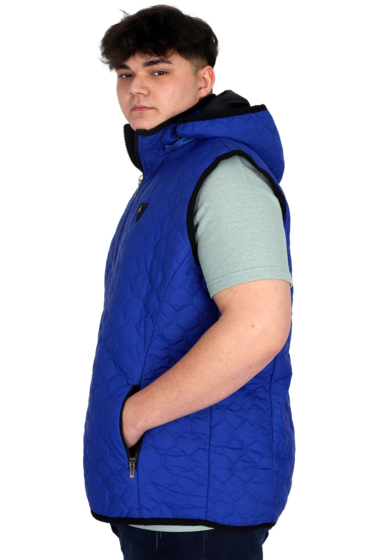 ModeXL Mode XL Büyük Beden Erkek Fermuarlı Kapüşonlu Şişme Yelek U24705 Mavi görsel 3