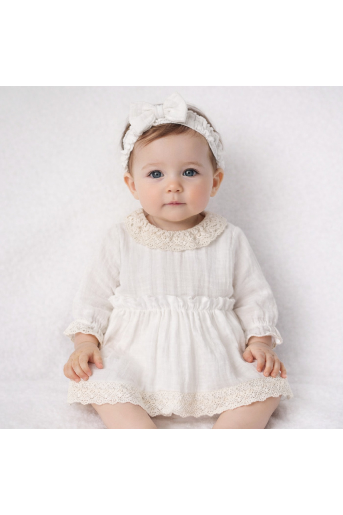 Babyhola 0-2 Yaş Dantel Yakalı Saç Bantlı Müslin Kız Bebek Bayramlık Elbise Ekru 22463