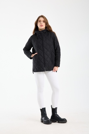 Wise Kadın Kapüşonlu Oversize Kapitone Kumaşlı Fermuar Kapamalı Yırtmaçlı Mont